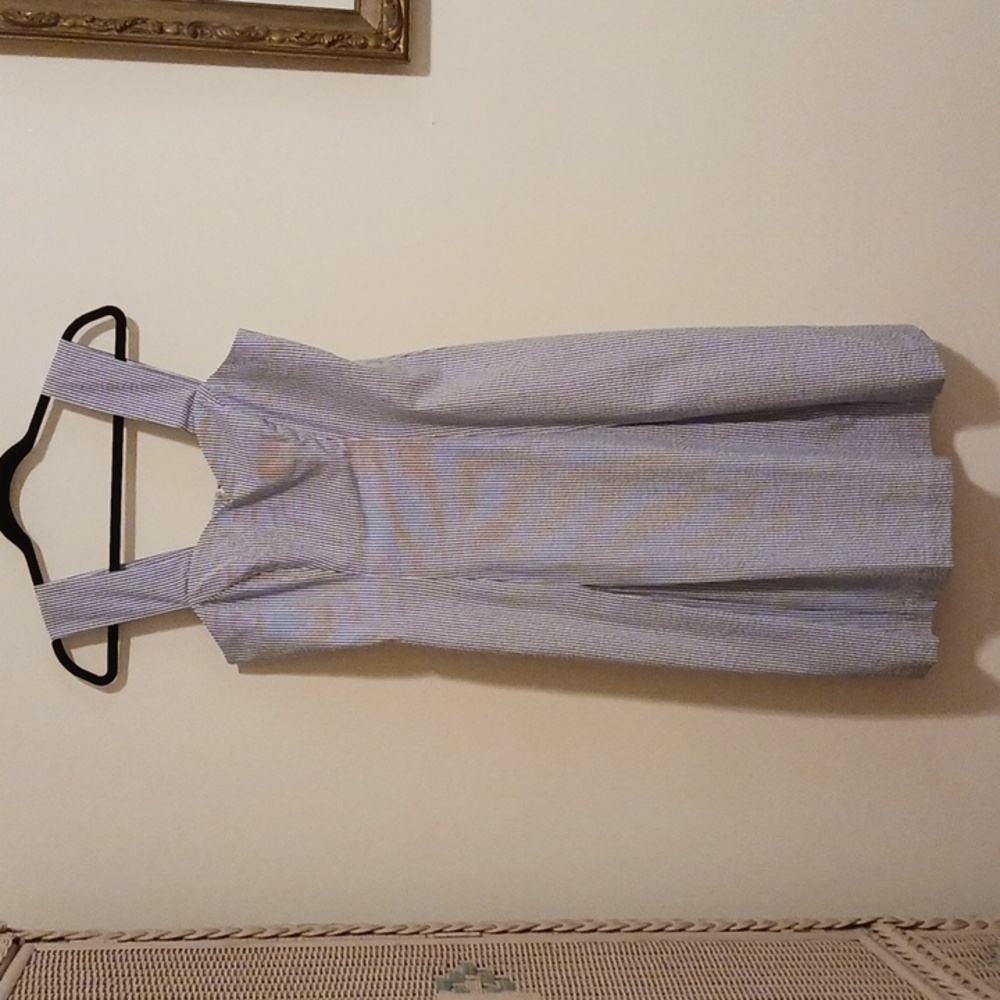 J. Peterman Blue White Pinstripe Dress Sleeveless A Line Knee Womens Size 8